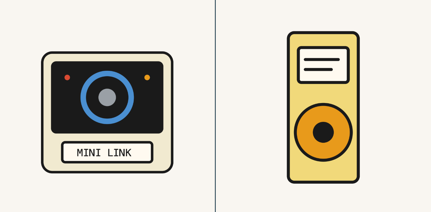 Ilustrações de uma Fujifilm Instax e de um tocado de MP3.