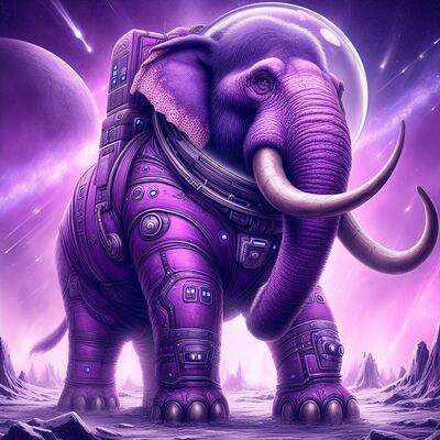 Elefante roxo com roupa de astronauta.