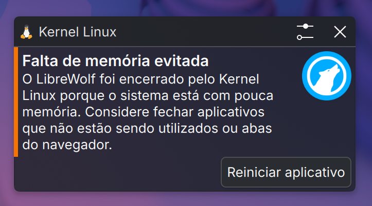 Popup do Plasma avisando que fechou o LibreWolf por falta de memória.