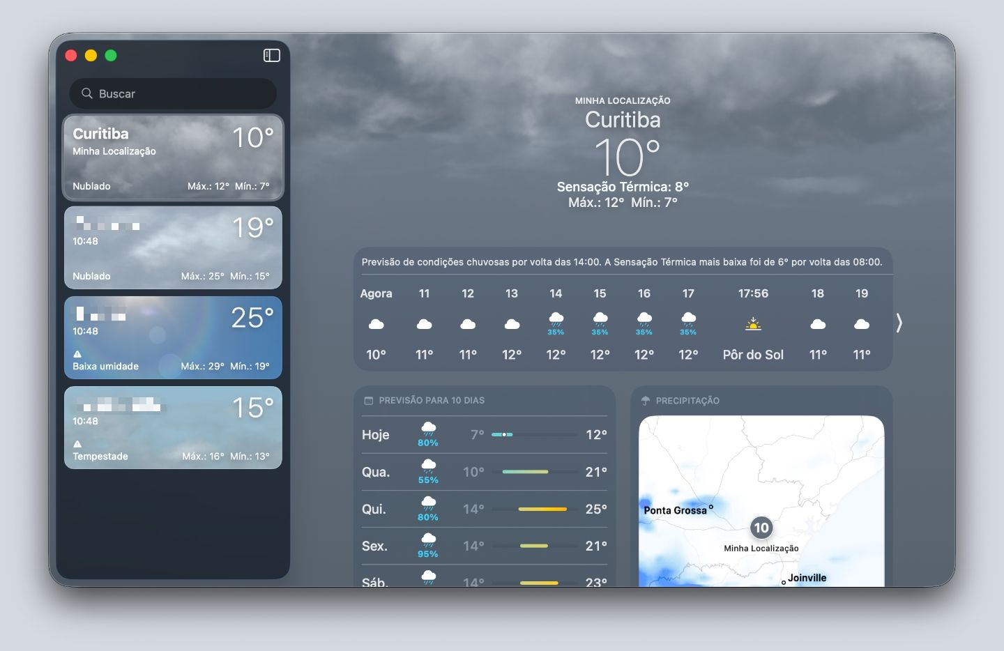 macOS Weather app window showing the forecast for Curitiba.