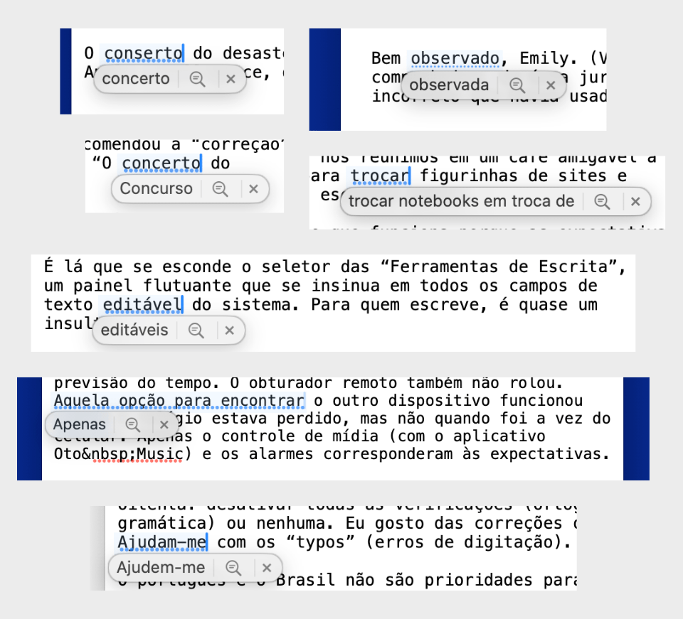Prints de excertos de texto com sugestões equivocadas, como “concerto” no lugar de “conserto”, “observada” no lugar de “observado” e duas sugestões sem pé, nem cabeça.