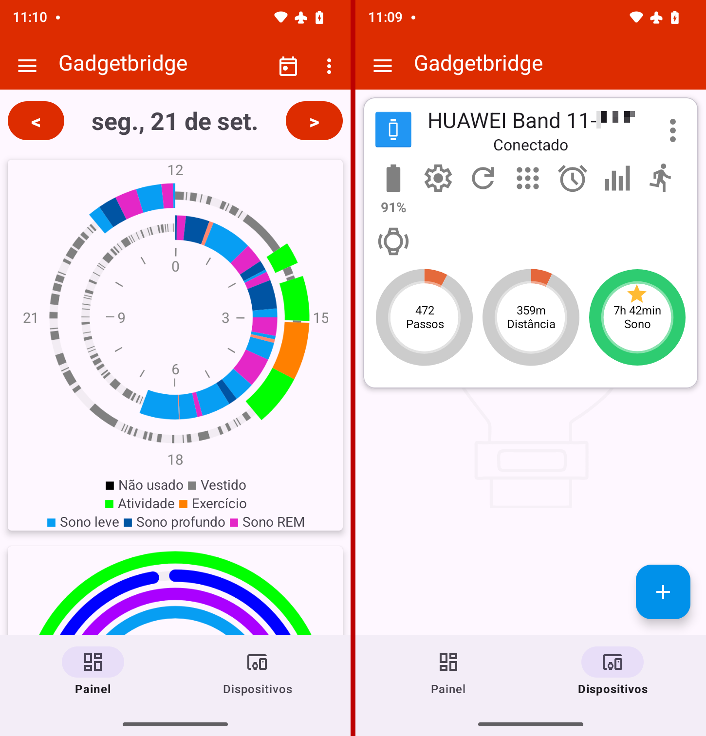 Two screenshots of the Gadgetbridge app, one of the “Dashboard” tab and the other, “Devices”.