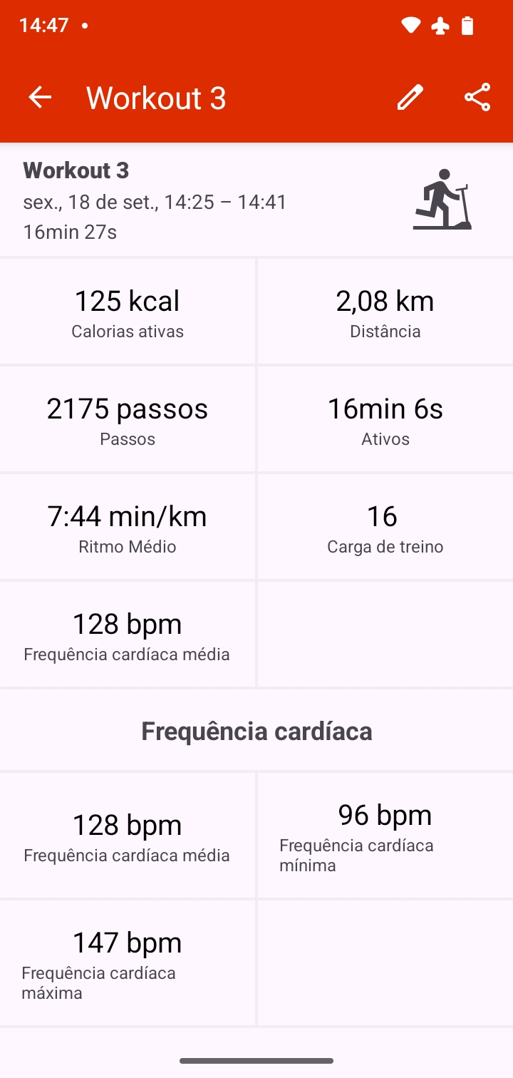 Part of the Gadgetbridge workout report for a treadmill running session.